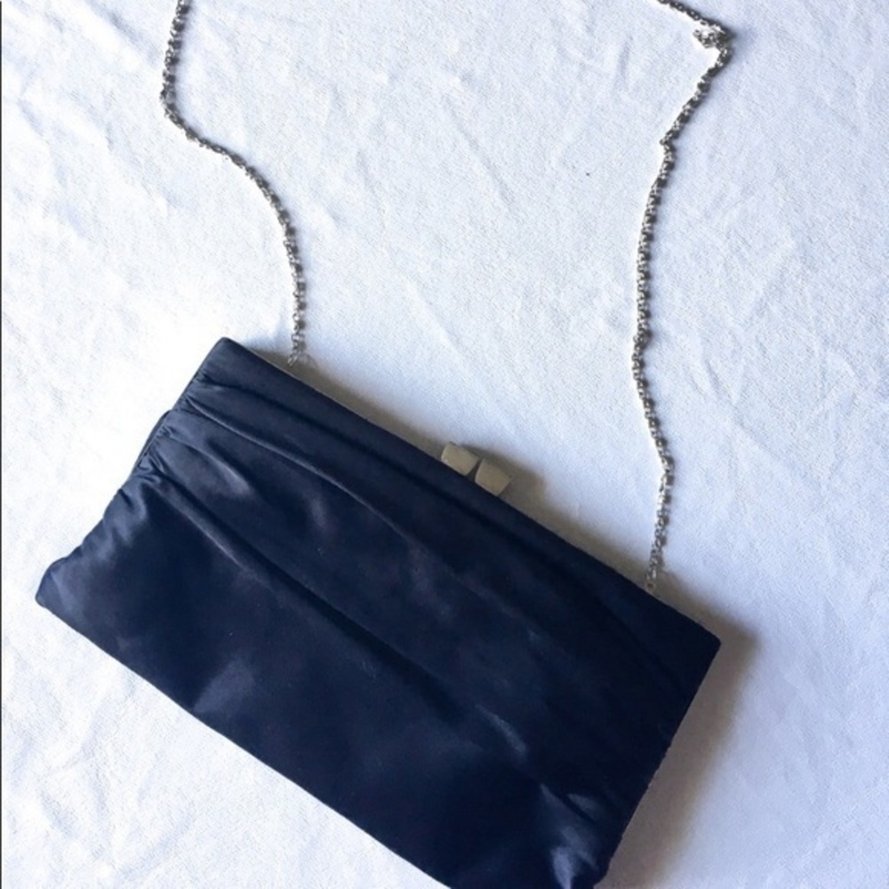 Lulu Townsend Black Satin Evening Clutch purse Black w silver Chain Crossbody